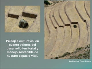 Andenes de Pisac, Cusco
Paisajes culturales, en
cuanto valores del
desarrollo territorial y
manejo sostenible de
nuestro espacio vital.
 