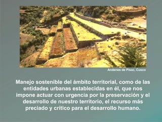 Andenes de Pisac, Cusco
Manejo sostenible del ámbito territorial, como de las
entidades urbanas establecidas en él, que nos
impone actuar con urgencia por la preservación y el
desarrollo de nuestro territorio, el recurso más
preciado y crítico para el desarrollo humano.
 