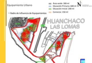 Equipamiento Urbano 
• Radio de Influencia de Equipamientos 
Área verde: 300 ml 
Educación Primaria: 600 ml 
Educación Inicial: 200 ml 
Comercio: 150 ml 
 