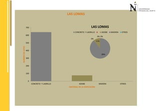 700 
600 
500 
400 
300 
200 
100 
0 
LAS LOMAS 
LAS LOMAS 
CONCRETO Y LADRILLO ADOBE MADERA OTROS 
0% 0% 
CONCRETO Y LADRILLO ADOBE MADERA OTROS 
NUMERO DE LOTES 
MATERIAL DE LA EDIFICACION 
89% 
0% 
11% 
 