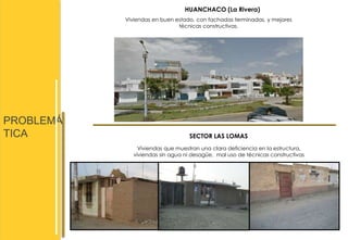 PROBLEMÁ 
TICA 
HUANCHACO (La Rivera) 
Viviendas en buen estado, con fachadas terminadas, y mejores 
técnicas constructivas. 
SECTOR LAS LOMAS 
Viviendas que muestran una clara deficiencia en la estructura, 
viviendas sin agua ni desagüe, mal uso de técnicas constructivas 
 