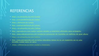 REFERENCIAS
• https://es.wikipedia.org/wiki/Ciudad
• http://conceptodefinicion.de/ciudad/
• https://definicion.de/campo/
• http://conceptodefinicion.de/campo/
• https://es.wikipedia.org/wiki/Cultivar
• http://agriculturers.com/suelos-cultivos-anuales-y-rotaciones-eficientes-para-protegerlo/
• http://www.solerprevencion.com/instalacion/prevencion-de-incendios-en-edificios-de-gran-altura/
• https://es.wikipedia.org/wiki/Edificio
• http://www.patriagrande.com.ve/temas/naturaleza-temas/no-es-un-espejismo-asi-es-una-
increible-ciudad-oasis-en-peru/
• https://diferencias.eu/entre-ciudad-y-municipio/
 