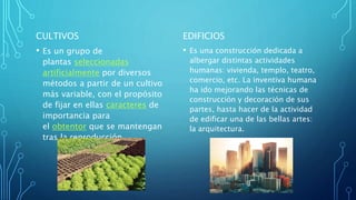 CULTIVOS
• Es un grupo de
plantas seleccionadas
artificialmente por diversos
métodos a partir de un cultivo
más variable, con el propósito
de fijar en ellas caracteres de
importancia para
el obtentor que se mantengan
tras la reproducción.
EDIFICIOS
• Es una construcción dedicada a
albergar distintas actividades
humanas: vivienda, templo, teatro,
comercio, etc. La inventiva humana
ha ido mejorando las técnicas de
construcción y decoración de sus
partes, hasta hacer de la actividad
de edificar una de las bellas artes:
la arquitectura.
 