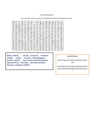 TETS COMPLEMENTARIO
EN LA SIGUIENTE SOPA DE LETRAS VAS A ENCONTRAR PALABRAS RELACIONADAS AL TEMA
M
D
E
P
O
R
T
E
E
X
T
R
E
M
O
D
S

E
E
Q
Q
U
E
B
R
A
D
A
A
X
B
Z
E
A

C
C
D
D
H
M
H
X
T
Y
C
M
U
F
G
S
L

O
O
U
I
H
G
K
L
U
F
T
B
N
N
K
A
I

L
T
J
E
O
K
Ñ
V
G
P
I
I
V
O
D
R
D

O
U
X
S
M
A
X
X
S
H
V
E
S
I
Y
R
A

G
R
L
C
B
U

M
V
Z
A
I
N
K
C
Z
O
P

I
I
K
U
R
L
N
B
Ñ
F
D
T
Z
A
O
L
E

A
S
S
E
E
A
J
D
I
K
A
A
G
C
Z
L
D

A
M
A
L
H
V
L
K
Ñ
E
D
L
F
U
H
O
A

I
O
Z
A
S
I
H
S
J
G
N
A
U
D
A
U
G

M
B
X
G
V
V
Z
Z
S
O
F
T
A
E
A
J
O

Medio ambiente,
aula viva, Ecoturismo, enseñanza,
ecología,
escuela,
Economía, Salida pedagógica,
practicas, Hombre,
Cune, Guadua, Quebrada,Actividad,
Deporte extremo, Naturaleza, Desarrollo,sostenible,
Educación, ambiental, PLANETA

O
Ñ
I
X
K
A
X
V
K
Y
Z
S
E
Y
O
T
G

N
A
T
U
R
A
L
E
Z
A
Y
W
N
Q
J
Y
I

O
S
O
S
T
E
N
I
B
L
E
Q
U
X
W
H
C

C
P
L
A
N
E
T
A
K
Y
J
E
C
V
Z
Y
A

E
N
S
E
Ñ
A
N
Z
A
Z
W
O
Q
A
O
W
J

BIBLIOGRAFIAS
//ftp.me.gov.ar/curriform/nap/2do_natura.
pdf
http://cdam.minam.gob.pe/publielectro/ed
ucacion%20ambiental/bosqueschinchipe.pd
f
http://www.humboldt.org.co/iavh/docume
ntos/politica/politicas_ambientales/2002%2
0Politica%20Nacional%20de%20Educacion%
20Ambiental.pdf

 