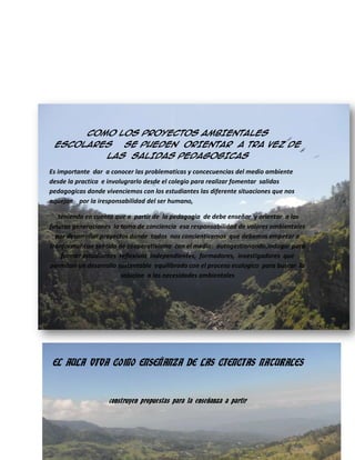 COMO LOS PROYECTOS AMBIENTALES
ESCOLARES

SE PUEDEN ORIENTAR A TRA VEZ DE

LAS SALIDAS PEDAGOGICAS
Es importante dar a conocer las problematicas y concecuencias del medio ambiente
desde la practica e involugrarlo desde el colegio para realizar fomentar salidas
pedagogicas donde vivenciemos con los estudiantes las diferente situaciones que nos
aquejan por la iresponsabilidad del ser humano,
teniendo en cuenta que a partir de la pedagogia de debe enseñar y orientar a las
futuras generaciones la toma de conciencia esa responsabilidad de valores ambientales
por desarrollar proyectos donde todos nos concienticemos que debemos empezar a
tranformar con sentido de cooperativismo con el medio: autogestionando,indagar para
formar estudiantes reflexivos independientes, formadores, investigadores que
permitan un desarrollo sustentable equilibrado con el proceso ecologico para buscar la
solucion a las necesidades ambientales

EL AULA VIVA COMO ENSEÑANZA DE LAS CIENCIAS NATURALES

construyen propuestas para la enseñanza a partir
de los Núcleos de Aprendizajes PrioritariosEl desarrollo de Aula Viva se nutre de diversas
experiencias desde el enfoque de Desarrollo Personal. Con practicas dinamicascomunicación y
aprendizaje. Allí sucede una parte importantísima de la vida personal y colectiva.

 