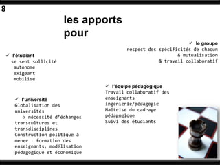 8
                          les apports
                          pour
                                                                   le groupe
                                           respect des spécificités de chacun
     l’étudiant                                              & mutualisation
      se sent sollicité                                & travail collaboratif
       autonome
       exigeant
       mobilisé
                                    l’équipe pédagogique
                                   Travail collaboratif des
        l’université              enseignants
       Globalisation des           ingénierie/pédagogie
       universités                 Maîtrise du cadrage
          > nécessité d’échanges   pédagogique
       transcultures et            Suivi des étudiants
       transdisciplines
       Construction politique à
       mener : formation des
       enseignants, modélisation
       pédagogique et économique
 