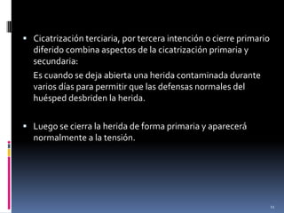  Cicatrización terciaria, por tercera intención o cierre primario
  diferido combina aspectos de la cicatrización primaria y
  secundaria:
  Es cuando se deja abierta una herida contaminada durante
  varios días para permitir que las defensas normales del
  huésped desbriden la herida.

 Luego se cierra la herida de forma primaria y aparecerá
  normalmente a la tensión.




                                                                     11
 