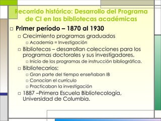 Recorrido histórico: Desarrollo del Programa de CI en las bibliotecas académicas Primer período – 1870 al 1930 Crecimiento programas graduados Academia = Investigación  Bibliotecas – desarrollan colecciones para los programas doctorales y sus investigadores. Inicio de los programas de instrucción bibliográfica. Bibliotecarios:  Gran parte del tiempo enseñaban IB Conocían el currículo Practicaban la investigación 1887 –Primera Escuela Bibliotecología, Universidad de Columbia. 