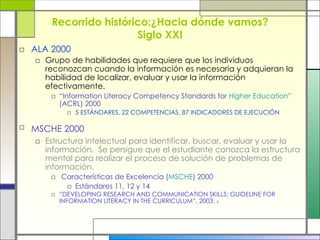 Recorrido histórico: ¿ Hacia dónde vamos? Siglo XXI ALA 2000   Grupo de habilidades que requiere que los individuos reconozcan cuando la información es necesaria y adquieran la habilidad de localizar, evaluar y usar la información efectivamente.  “ Information Literacy Competency Standards for  Higher   Education”   (ACRL) 2000 5 EST Á NDARES, 22 COMPETENCIAS, 87 INDICADORES DE EJECUCI ÓN MSCHE 2000   Estructura intelectual para identificar, buscar, evaluar y usar la información.  Se persigue que el estudiante conozca la estructura mental para realizar el proceso de solución de problemas de información.  Características de Excelencia ( MSCHE ) 2000 Estándares 11, 12 y 14 “ DEVELOPING RESEARCH AND COMMUNICATION SKILLS: GUIDELINE FOR INFORMATION LITERACY IN THE CURRICULUM”, 2003.  4 