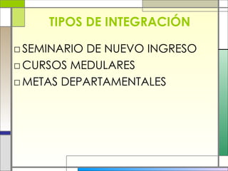TIPOS DE INTEGRACIÓN SEMINARIO DE NUEVO INGRESO CURSOS MEDULARES METAS DEPARTAMENTALES 