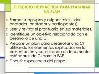 EJERCICIO DE PRÁCTICA PARA ELABORAR UN PLAN Formar subgrupos y asignar roles (líder, anotador, anotador y participantes)  Leer y revisar el prontuario en sus materiales. Identifique un objetivo relacionado con el desarrollo de una CI. Prepare un plan para desarrollar una CI utilizando los elementos explicados en la presentación y consultando el documento, estándares de CI para la FAE. Discutir experiencia del grupo. 