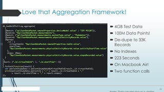 19
Love that Aggregation Framework!
 4GB Test Data
 100M Data Points!
 De-dupe to 33K
Records
 No Indexes
 223 Seconds
 On Macbook Air!
 Two function calls
 