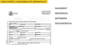 COM S’OBTÉ LA NACIONALITAT ESPANYOLA?
NAIXEMENT
RESIDÈNCIA
MATRIMONI
DESCENDÈNCIA
 