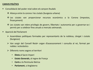 CANVIS POLÍTICS
 Consolidació del poder reial sobre els senyors feudals
 Aliança entre la corona i les ciutats (burgesia urbana)
 Les ciutats van proporcionar recursos econòmics a la Corona (impostos,
finançament)
 Les ciutats van rebre privilegis de govern, llibertats i autonomia per a governar-se i
permís per a celebrar fires anuals o mercats setmanals.
 Aparició del Parlament
 Assemblees polítiques formades per representants de la noblesa, clergat i ciutats
(burgesos)
 Van sorgir del Consell Reial= organ d’assessorament i consulta al rei, format per
nobles i eclesiàstics
 Diferents noms segons el territori
• Dieta al Sacre Imperi
• Estats Generals, al regne de França
• Corts a la Península Ibèrica
• Parlament, a Anglaterra
 