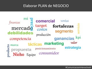 #ComunicacionInteractivaV
Elaborar PLAN de NEGOCIO
mercado
segmento
target
propuesta posicionamiento
consumidor
competencia
costosprecios
ganancias
producción
ventas
marketing
fortalezas
debilidades
estrategia
tácticas
comercialfinanzas
Equipo
producto
servicio
marca
Nicho
valor
kpi
roi
 