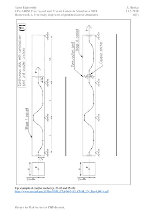 Aalto University J. Hanka
CIV-E4050 Prestressed and Precast Concrete Structures 2018 11.9.2018
Homework 1, Free body diagrams of post-tensioned structures 6(7)
Return to MyCourses in PDF-format.
Tip: example of coupler anchor (p. 23/42 and 35/42):
https://www.naulankanta.fi/files/BBR_ETA-06-0165_CMM_EN_Rev4_0916.pdf
 