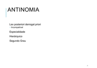 ANTINOMIA
Lex posteriori derrogat priori
 Incompatiível
Especialidade
Hierárquico
Segundo Grau
11
 