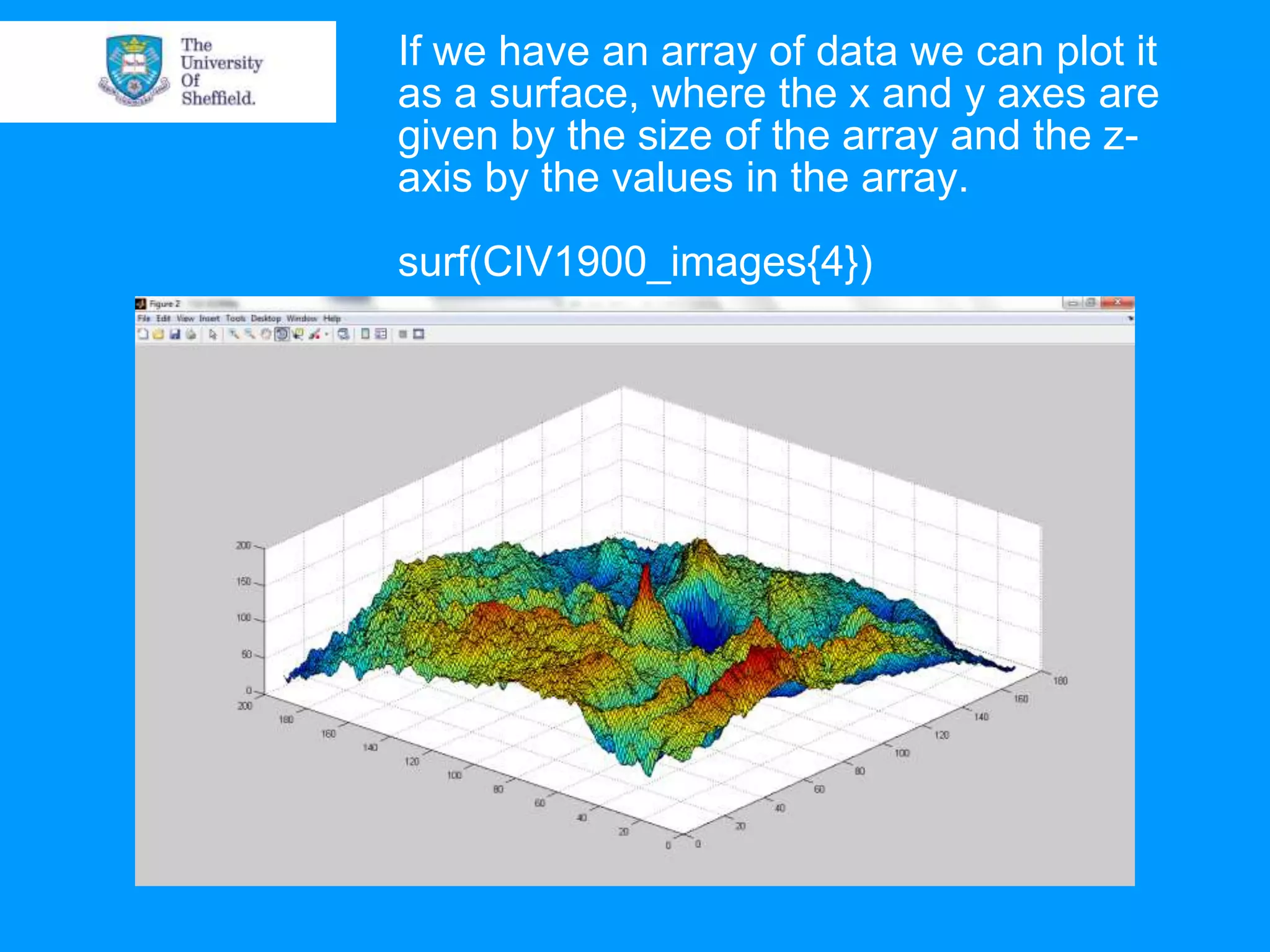 If we have an array of data we can plot it as a surface, where the x and y axes are given by the size of the array and the z- axis by the values in the array. surf(CIV1900_images{4}) 