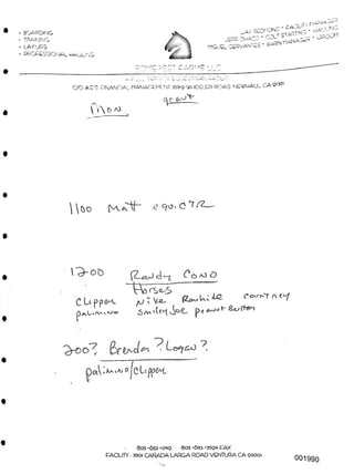 Yo A3
1
0 jCL^p^A-t
001990
Co^'c-'t O V-^
jb
d—i C> a3 O
^-^rs<2<5
fj' V^
5 (v<1
• BOARDING
■ TRAINING
• LAYUPS
• PROFESSIONAL PAULING
1C
Ip
ci^ppcx
p^UvAz-.<U-®
 ^
-QMCOCCT CAPMg IJ_"
- F_>'__ SEP-/CE EQUESTRIAN PAOLI’:'
C/O AGS FINANCIAL MANAGEMENT 25719 WCGLER RC'AD NGWALL CA P'S'21
cuo'^’
805 -653 *1749 805 -653 -2594 FAX
FACILITY ■ 3501 CANADA LARGA ROAD VENTURA CA 92001
r r . 7
c[^‘ £ ----
JAYREDMOND ‘ EACILIT'' MANAGLR
Jua-CO • COLTSTART'MG ‘
^GUSzL CSi7VAMT£S • BARN MANAGER " GROOM
 