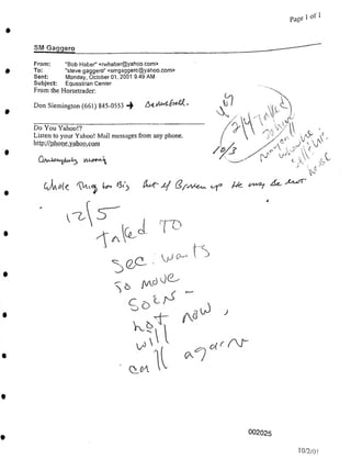1 of 1
Page
SM Gaggero
Don Siemington (661) 845-0553
1 T0
A
J
v>
QMA
002025
10/2/0]
Do You Yahoo!?
Listen to your Yahoo! Mail messages from any phone.
http://phone.yahoo.com
From:
To:
Sent:
Subject:
From the Horsetrader:
,A a' ■
V'
"Bob Haber” <rwhaber@yahoo.com>
"steve gaggero" <smgaggero@yahoo.com>
Monday, October 01, 2001 9:49 AM
Equestrian Center
JA_c)
y C-
[A vA'
 