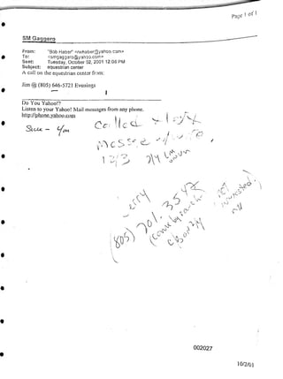 1 of I
Page
SM Gagqero
Jim @ (805) 646-5721 Evenings
I
J"
SlcU. -
7' &
f
002027
10/2/01
From:
To:
Sent:
Subject:
A call on the equestri;
Do You Yahoo!?
Listen to your Yahoo! Mail messages from any phone,
http://pho_ne.yahoo.coni
"Bob Haber" <rvzhaber@yahoo.com>
<smgagg2ro:a)/3hoo.com>
Tuesday, October 02, 2001 12:05 PM
equestrian center
•ian center from:
A
' -u5
A1}
 