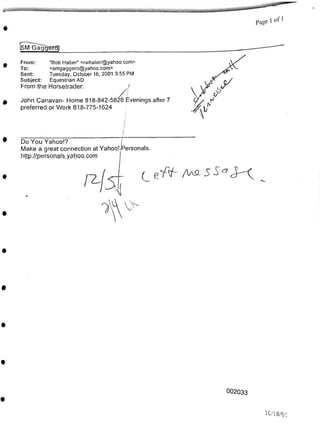 jSMG?.ggeToJ
002033
10/16/01
John Canavan- Home 818-842-5828 Evenings after 7
preferred or Work 818-775-1624
Do You Yahoo!? /
Make a great connection at Yahoo!/Personals.
http://personals^yahoo..co,m j
From:
To:
Sent:
Subject:
/
yy■ /wl s
"Bob Haber” <rwhaber@yahoo.com>
<smgaggero@yahoo.com>
Tuesday, October 16, 2001 3:55 PM
Equestrian AD
From the Horsetrader: J
 