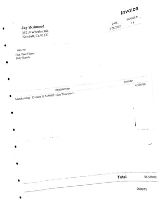 Total $4,550.00
000971
BILL TO
Oak Tree Farms
Daly Ranch
DATE
3/28/2002
Jay Redmond
25219 Wheeler Rd.
Mewhall, Ca 913 -1
amount ___ _
4.550.00
lnvo-'ce
l(wo«*
1-1
DESCRIPTION
rides SS3SO.O» (Se«-nra«h“"
March riding l-’ndes ®
 