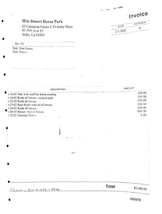 AMOUNT
Total ^2,300.00 .
3-LO f-
000978
BILL TO
Oak 1 ree Fanns
Daly Ranch
Hits Desert Horse Park
El Campeon Farms C/O Jenny Ross
81 -d00 Ave 52
Indio. Ca 92201
100 00
350.00
350.00
350.00
350 00
800 00
0.00
DESCRIPTION
1-16-02 Met with Stafffor horse training
1-18-02 Rode all horses- washed pads
[-22-02 Rode all horses
1-27-02 Rain Rodenvalked all horses
1-28-02 Rode all horses
* 1-28-02 Beauty Spa all horses
1.28/02 Checked Dobie
Invoic®
———hNVClCf *—•
,.vA-. -g
2/1/2002 ------------
 