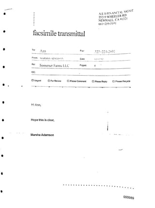 facsimile transmittal
To:
.Ann Fax:
Date ol 1)00
Re:
Somerset Farms LLC Pages: 4
CC:
□ Urgent □ For Review □ Please Comment □ Please Recycle
□ Please Reply
Hi Ann,
Hope this is ciear,
Marsha Adamson
e
000989
AES FINANCIAL MGMT
25219 WHEELER RD
NEWHALL. CA 91321
661-259-5191
i-rcm: MARSHA ADAMSOX
 