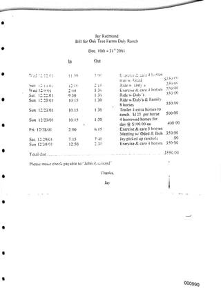 Dec. 10th -3 Tl 2001
Out
In
Wed 12.'12.01 3 00
I I 30
550.00
1 30
Sun 12/23/01 10:15
500.00
1:30
Sun. 12/23/01 10:15
400.00
6.15
Fri. 12/28/01 2:00
3550.00
Total due
Please make check payable to "John Redmond
Thanks.
Jay
000990
7:15
12:50
S3 50 00
350.00
350.00
350 00
Sat. 12/29/01
Sun. 12/30/01
2:1?
5 30
1 30
1.30
350.00
.00
350.00
12 10
2 00
9 30
10:15
7 40
2:30
Exercise 2. care 4 horses
trail w Deed
Ride w Daly s
Exercise & care 4 horses
Ride wvDaly's
Ride w/Daly's & Family
8 horses
Trailer 4 extra horses to
ranch. SI25. per horse
4 borrowed horses for
day (a SI00.00 ea
Exercise & care 5 horses
Meeting w/ Oded & Bob
Jay picked up rawhide
Exercise & care 4 horses
Jay Redmond
Bill for Oak Tree Farms Daly Ranch
Sun. i 2. Io. Oi
Wed 12/9/01
Sat 12.22/01
Sun. 12/23/01
 