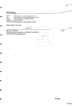 Page
SM Gaggero
Diana (805) 736-1871
/
H
/
http.://personajs^yahpoxpm
, J
001950
10/19/01
"Bob Haber” <rwhab3r@yahoo.com>
"Steve gaggero" <smgaggero@yanoo.com>
Friday, October 19, 2001 8:31 AM
Equestrian AD
From:
To:
Sent:
Subject:
Voice mail message on Equestrian Center:
Do You Yahoo!?
Make a great connection at Yahoo! Personals.
-A
1 ot I
 