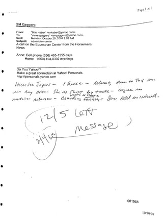 P-Jgi
SM Gaggero
4.
yCx. f. L c— —
p/V^
001958
10/30/01
Anne: Cell phone (650) 465-1555 days
Home (650) 494-0392 evenings
Do You Yahoo!?
Make a great connection at Yahoo! Personals.
http://personals.yahoo.com
From:
To:
Sent
Subject:
"Bob Haber" <rwhaber@yahoo com>
"steve gaggero" <smgaggero@yahoo.com>
Monday October 29. 2001 9 08 AM
equestrian center
A call on the Equestrian Center from the Horsemans
News
I or’1
j’Z-c /pc? —
 