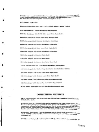 WEEK ONE: 1/24-1/28
$25,000 Ariat Grand Prix: 8th - Libra - Jenni Martin - Karim Ghaibi
$2000 Open Speed: 2nd - Sydney - Jenni Martin - Augustin Walch
$2000 Mod. Open Jumper Kick-off; 11th - Libra - Jenni Martin - Karim Ghaibi
$500 Prelim. Jumper 2: 1st - CoPilot - Jenni Martin - Augustin Walch
$500 Prelim. Jumper 1: 2nd - Madonna - Jenni Martin - Karim Ghaibi
$500 Prelim. Jumper 2: 2nd - Ghandi - Jenni Martin - Karim Ghaibi
$500 Prelim. Jumper 2; 2nd - Castor - Jenni Martin - Karim Ghaibi
$500 Prelim. Jumper 2: 2nd - Ghandi - Jenni Martin - Karim Ghaibi
$500 Prelim. Jumper 2:3rd - Leander - Karim Ghaibi
$500 Prelim. Jumper 2: 3rd - Leander - Karim Ghaibi
$503 Prelim. Jumper 2: Cth - Leander - Jenni Martin - Karim Ghaibi
Training Jumper 2, HI Div. Sect. A: "th - Aresco - Jenni Martin - Augustin Walch
$500 Prelim. Jumper 2: 3th - The Rea! Thing - Jenni Martin - Jenni Martin/Steve McAllister
$500 Prelim. Jumper 1:12th - Ghandi - Jenni Martin - Karim Ghaibi
$500 Prelim. Jumper 1; 15<h - Madonna - Jenni Martin - Karim Ghaibi
$500 Prelim. Jumper 1:18th - Cannon Boy - Jenni Martin - Augustin Walch
$500 Prelim. Jumper 1:19th - Cannon Boy - Jenni Martin - Augustin Walch
Gr.Conf. Hunters Under Saddle: 7th - Rio’s Rex - Jenni Martin -Augustin Walch
COMPETITION ARCHIVES
4
8/13/00 Redmond. Washington. Two Tor the money! Jenni and Ready or Notjumped double clean rounds to place 3rd
°O1974
9/00 San Juan Capistrano, CA. Jenni and Rio Grande finish in 6th Place in the $25,000 World Equestrien Federation
(WEF) World Cup Qualifier.
8/27/00 Milner Downs. DC. Canada. Rio Grande, owned by Augustin Walch ofW. Chariot Farms in Stratford, Ontario,
Canada, and riden by Jenni,Jumped a perfect double dean to place 2nd in the $25,000 Milner Downs Grand Prix
Jenni and Ready ar Not were still in the money in 11th Place. "That's in the money in 8 out of 8 Grand Prixs for Ready
or Not", Jenni noted. You can't fault that In the $10,000 Mini-Prix Ready or Not eras 3rd, while Rio Grande was 8th.
Rio's Rex, another W. Chariot Fanns stallion and son ofRio Grande, was 4-Year Old Champion Breeding Hunter.
8/20/00 Langley, British Columbia, Canada. He almost did it Jenni and Ready or Not had the fastest time in the iu
offin the 550,000 Thunderbird Grand Prix, but the last fence came down to put them in 4th Place. Jenni and Rio
Grande placed 5th.
Note: Libra is an 8 year old Dutch Warm Blood mare. Although they had the fastest time in theJu ^sfie
the pair had 2 rails down for the Sth place finish. This is libra's first timejumping in Grand Prixs a
and Jenni's first competitions together. Libra is owned by Karim Ghaibi.
 