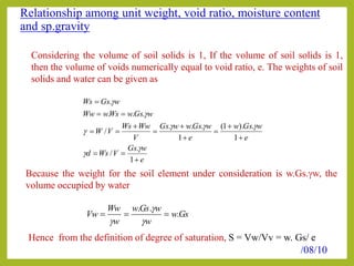 Relationship among unit weight, void ratio, moisture content
and sp.gravity
e
wGs
VWsd
e
wGsw
e
wGswwGs
V
WwWs
VW
wGswWswWw
wGsWs












1
.
/
1
.).1(
1
...
/
...
.
g
g
ggg
g
g
g
Considering the volume of soil solids is 1, If the volume of soil solids is 1,
then the volume of voids numerically equal to void ratio, e. The weights of soil
solids and water can be given as
Because the weight for the soil element under consideration is w.Gs.gw, the
volume occupied by water
Gsw
w
wGsw
w
Ww
Vw .
..

g
g
g
Hence from the definition of degree of saturation, S = Vw/Vv = w. Gs/ e
/08/10
 
