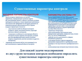 ВХОДНЫЕ ПАРАМЕТРЫ КОНТРОЛЯ
Группу входных параметров составляют
параметры, определяющие основные задачи
НК, описывающие объект и область контроля, условия
проведения контроля, а также параметры выявляемых
несплошностей. Требуемый по методике диапазон их
изменения должен обеспечиваться ПС. К группе
входных параметров относятся:
акустические свойства объекта контроля
(скорость, звука, затухание УЗ волн, структура
металла в области контроля);
геометрия и особенности конструкции объекта
контроля (точное задание конструкции, условий
доступа преобразователей, валики усиления
сварных соединений, наличие наплавки из другого
материала);
параметры несплошностей (их тип и размеры) и их
местоположение в заданной области контроля.
15
Существенные параметры контроля
ПАРАМЕТРЫ СИСТЕМЫ УЗК
Группа параметров системы УЗК включает
методические и аппаратные параметры системы
контроля. Аппаратные параметры включают в
себя параметры аппаратуры, предназначенной
для использования по методике контроля. Для
моделирования используются методические
параметры в соответствии с испытываемой
методикой контроля. К группе параметров
системы УЗК относятся:
параметры аппаратуры;
типы используемых акустических волн
(продольные, сдвиговые, поверхностные, головн
ые и т.д. или их комбинации);
рабочая частота, длительность и форма
излучённого импульса;
углы ввода УЗ волн и другие параметры
диаграммы направленности преобразователей;
размеры и тип акустического преобразователя и
т. п.;
используемые при контроле акустические схемы.
Для каждой задачи моделирования
из двух групп методики контроля необходимо определить
существенные параметры контроля
 