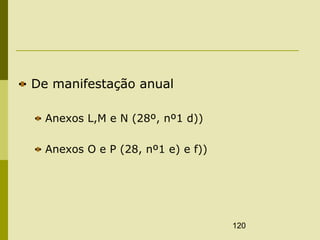 120
De manifestação anual
Anexos L,M e N (28º, nº1 d))
Anexos O e P (28, nº1 e) e f))
 
