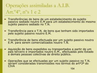 154
Operações assimiladas a A.I.B.
Art.º4º, nºs 1 e 2
Transferências de bens de um estabelecimento do sujeito
passivo sediado noutro E.M para um estabelecimento do mesmo
sujeito passivo sediado no T.N.
Transferência para o T.N. de bens que tenham sido importados
pelo sujeito passivo noutro E.M.
Transferência de bens efectuada por um sujeito passivo noutro
E.M. para serem comercializados noutro T.N.
Aquisição de bens expedidos ou transportados a partir de um
país terceiro e importados noutro E.M., efectuadas pelo Estado
e demais pessoas colectivas de direito público.
Operações que se efectuadas por um sujeito passivo no T.N.
seriam consideradas transmissões nos termos do artº3º do
CIVA
 