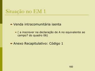 160
Situação no EM 1
Venda intracomunitária isenta
( a inscrever na declaração de A no equivalente ao
campo7 do quadro 06)
Anexo Recapitulativo: Código 1
 