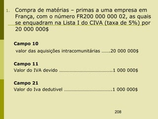 208
1. Compra de matérias – primas a uma empresa em
França, com o número FR200 000 000 02, as quais
se enquadram na Lista I do CIVA (taxa de 5%) por
20 000 000$
Campo 10
valor das aquisições intracomunitárias …….20 000 000$
Campo 11
Valor do IVA devido ……………………………………..1 000 000$
Campo 21
Valor do Iva dedutivel ………………………………….1 000 000$
 