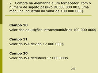 209
2 . Compra na Alemanha a um fornecedor, com o
número de sujeito passivo DE300 000 003, uma
máquina industrial no valor de 100 000 000$
Campo 10
valor das aquisições intracomunitárias 100 000 000$
Campo 11
valor do IVA devido 17 000 000$
Campo 20
valor do IVA dedutivel 17 000 000$
 