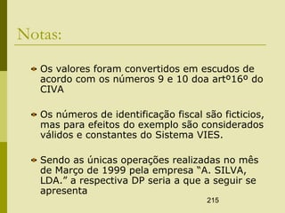 215
Notas:
Os valores foram convertidos em escudos de
acordo com os números 9 e 10 doa artº16º do
CIVA
Os números de identificação fiscal são ficticios,
mas para efeitos do exemplo são considerados
válidos e constantes do Sistema VIES.
Sendo as únicas operações realizadas no mês
de Março de 1999 pela empresa “A. SILVA,
LDA.” a respectiva DP seria a que a seguir se
apresenta
 