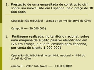 221
1. Prestação de uma empreitada de construção civil
sobre um imóvel sito em Espanha, pelo preço de 30
000 000$
Operação não tributável – alínea a) do nº5 do artº6 do CIVA
Campo 8 ---- 30 000 000$
2. Peritagem realizada, no território nacional, sobre
uma máquina de sujeito passivo identificado em
IVA em França, a que foi enviada para Espanha,
por conta do cliente 1 000 000$
Operação não tributável no território nacional – nº20 do
artº6º do CIVA
campo 8 – Valor Tributável ----- 1 000 000$
 