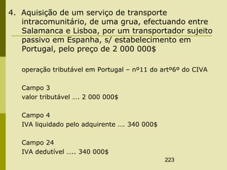 223
4. Aquisição de um serviço de transporte
intracomunitário, de uma grua, efectuando entre
Salamanca e Lisboa, por um transportador sujeito
passivo em Espanha, s/ estabelecimento em
Portugal, pelo preço de 2 000 000$
operação tributável em Portugal – nº11 do artº6º do CIVA
Campo 3
valor tributável …. 2 000 000$
Campo 4
IVA liquidado pelo adquirente …. 340 000$
Campo 24
IVA dedutível ….. 340 000$
 