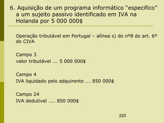 225
6. Aquisição de um programa informático “especifico”
a um sujeito passivo identificado em IVA na
Holanda por 5 000 000$
Operação tributável em Portugal – alínea s) do nº8 do art. 6º
do CIVA
Campo 3
valor tributável …. 5 000 000$
Campo 4
IVA liquidado pelo adquirente …. 850 000$
Campo 24
IVA dedutível ….. 850 000$
 