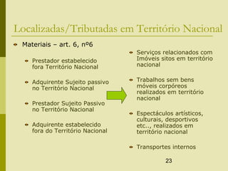 23
Localizadas/Tributadas em Território Nacional
Materiais – art. 6, nº6
Prestador estabelecido
fora Território Nacional
Adquirente Sujeito passivo
no Território Nacional
Prestador Sujeito Passivo
no Território Nacional
Adquirente estabelecido
fora do Território Nacional
Serviços relacionados com
Imóveis sitos em território
nacional
Trabalhos sem bens
móveis corpóreos
realizados em território
nacional
Espectáculos artísticos,
culturais, desportivos
etc.., realizados em
território nacional
Transportes internos
 