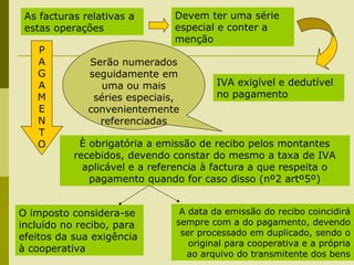 234
As facturas relativas a
estas operações
Devem ter uma série
especial e conter a
menção
IVA exigível e dedutível
no pagamento
P
A
G
A
M
E
N
T
O È obrigatória a emissão de recibo pelos montantes
recebidos, devendo constar do mesmo a taxa de IVA
aplicável e a referencia à factura a que respeita o
pagamento quando for caso disso (nº2 artº5º)
Serão numerados
seguidamente em
uma ou mais
séries especiais,
convenientemente
referenciadas
O imposto considera-se
incluído no recibo, para
efeitos da sua exigência
à cooperativa
A data da emissão do recibo coincidirá
sempre com a do pagamento, devendo
ser processado em duplicado, sendo o
original para cooperativa e a própria
ao arquivo do transmitente dos bens
 