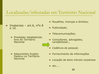 24
Localizadas/tributadas em Território Nacional
Imateriais – art.6, nºs 8
e 10
Prestador estabelecido
fora do Território
Nacional
Adquirentes Sujeito
Passivo no Território
Nacional
Royalties, licenças e direitos;
Publicidade;
Telecomunicações;
Consultores, advogados,
contabilistas.;
Cedência de pessoal;
Fornecimento de informações
Locação de bens móveis corpóreos
etc..…
 