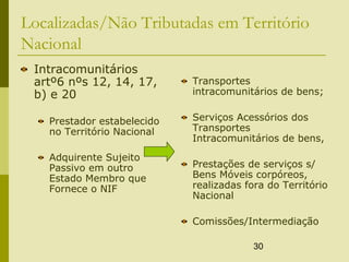 30
Localizadas/Não Tributadas em Território
Nacional
Intracomunitários
artº6 nºs 12, 14, 17,
b) e 20
Prestador estabelecido
no Território Nacional
Adquirente Sujeito
Passivo em outro
Estado Membro que
Fornece o NIF
Transportes
intracomunitários de bens;
Serviços Acessórios dos
Transportes
Intracomunitários de bens,
Prestações de serviços s/
Bens Móveis corpóreos,
realizadas fora do Território
Nacional
Comissões/Intermediação
 
