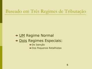 6
Baseado em Três Regimes de Tributação
UM Regime Normal
Dois Regimes Especiais:
De Isenção
Dos Pequenos Retalhistas
 