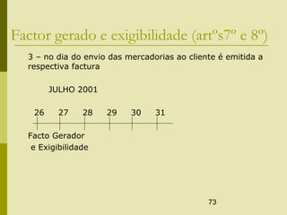 73
Factor gerado e exigibilidade (artºs7º e 8º)
3 – no dia do envio das mercadorias ao cliente é emitida a
respectiva factura
JULHO 2001
26 27 28 29 30 31
Facto Gerador
e Exigibilidade
 